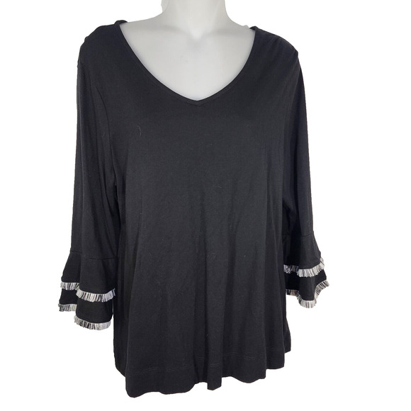 Chico’s Top Women Size 1 Medium Double Layer Fringe Black 3/4 Sleeve Cottaegcore - Picture 1 of 11